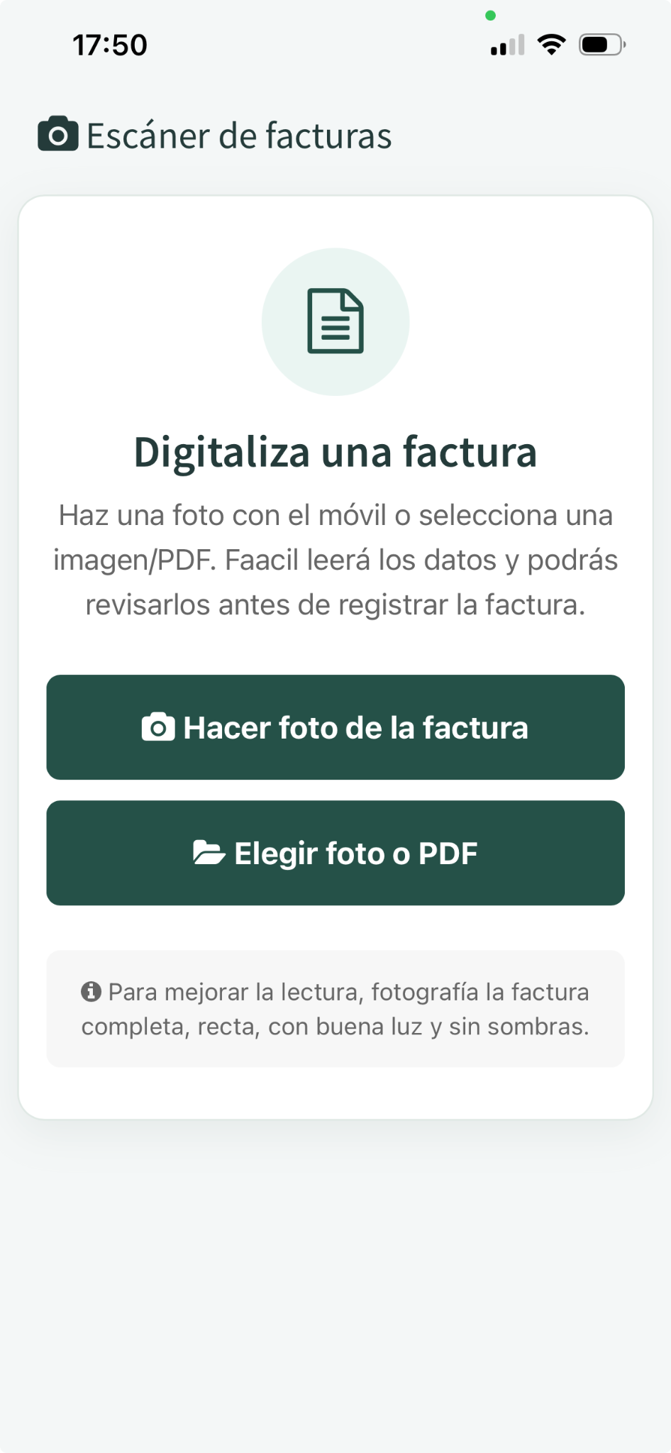 Pantalla de Faacil Scanner para fotografiar o seleccionar una factura